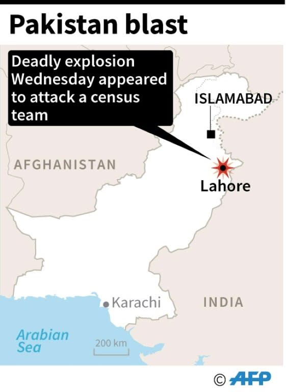 Pakistani security officials collect evidence from the scene of an attack on a census team in Lahore