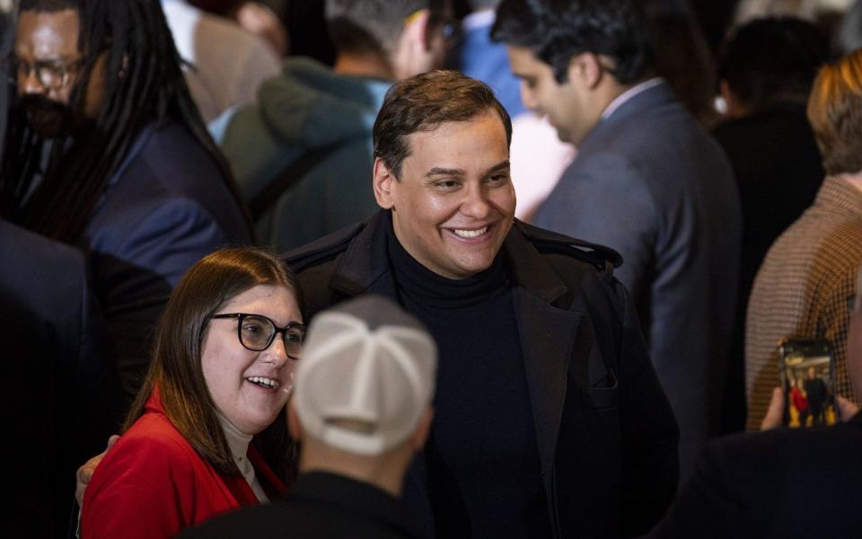 Former Representative George Santos at Donald Trump's results party in New Hampshire