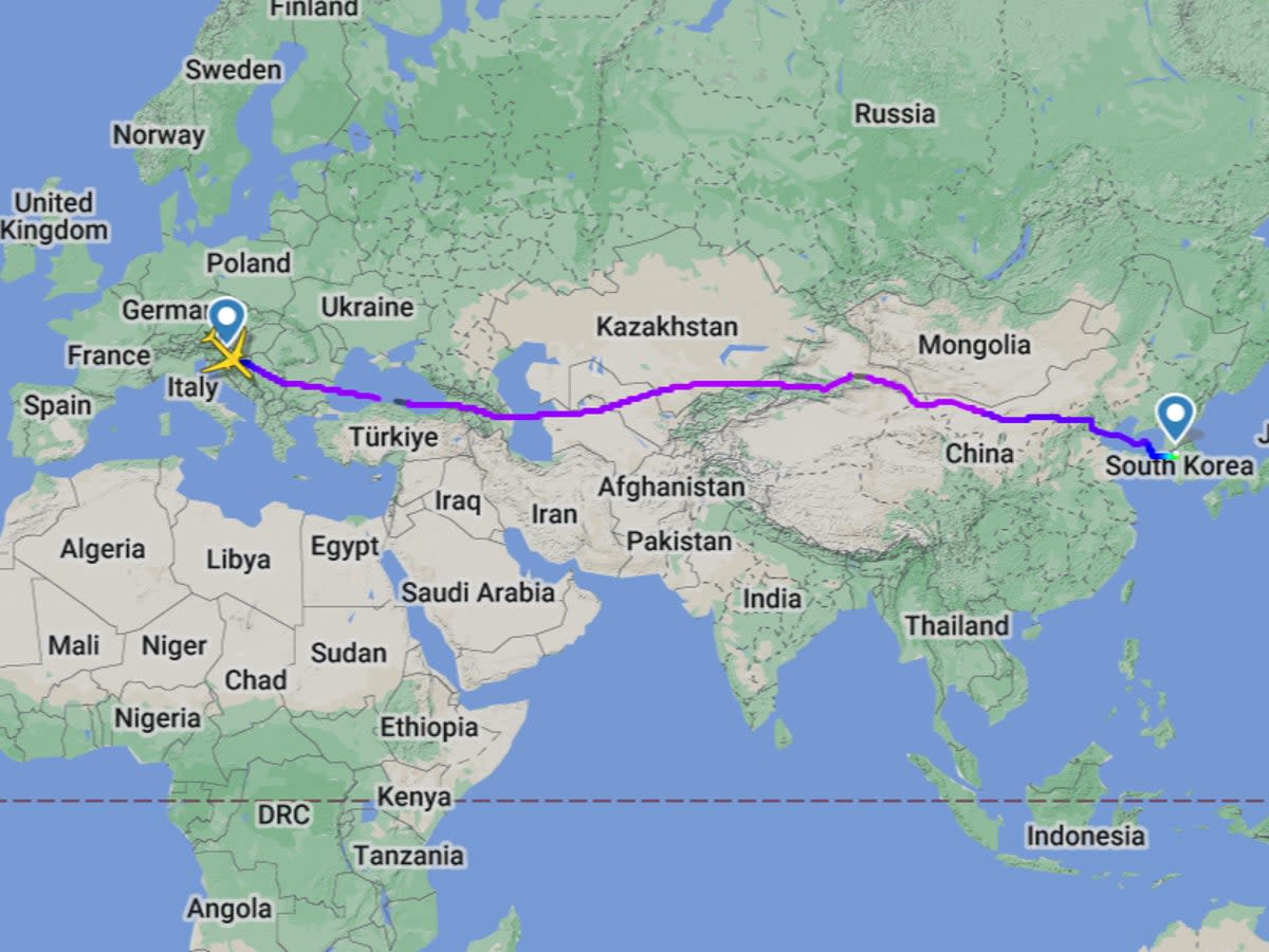 Long haul: the flight path of T’Way flight TW506 on 18 May 2024 (Flightradar24)