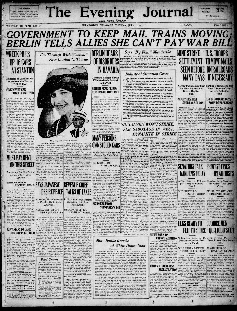 Front page of The Evening Journal from July 11, 1922.