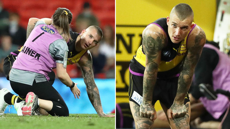 Seen here, Dustin Martin in discomfort after suffering kidney damage against Brisbane. 