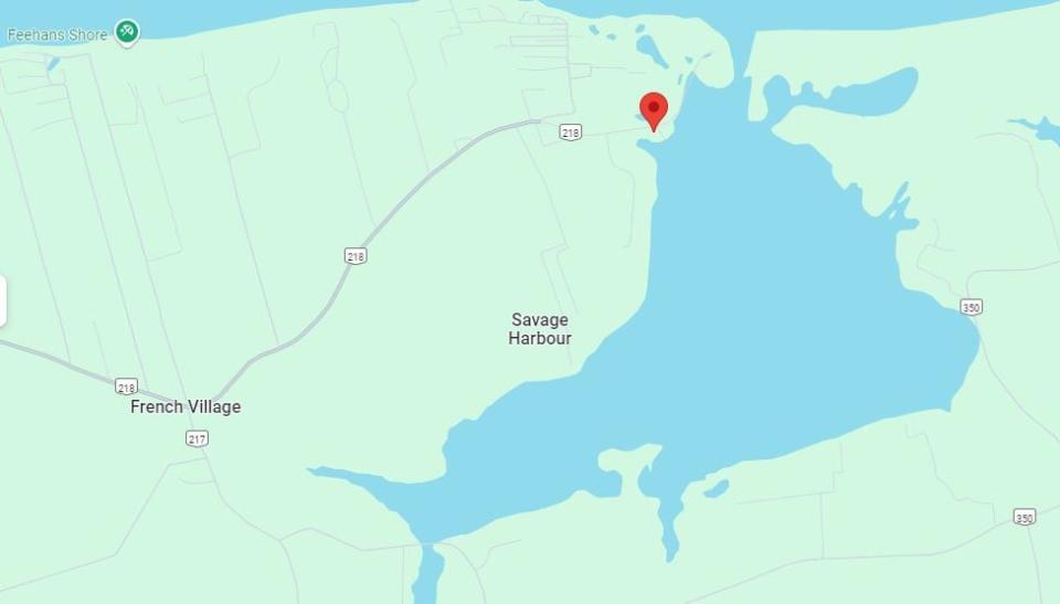 The location of the Crowbush Cove Wharf Small Craft Harbour is shown as a red marker on a map of the wider area of north-central Prince Edward Island. Abegweit First Nation is located to the southwest of the area shown in this map. 