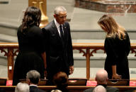 <p>Former President Barack Obama and former first lady Michelle Obama greet first lady Melania Trump at St. Martin’s Episcopal Church for funeral services for former first lady Barbara Bush in Houston, Texas, April 21, 2018. (Photo: David J. Phillip/Pool via Reuters) </p>