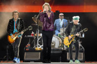 FILE - Ronnie Wood, from left, Mick Jagger, Steve Jordan, and Keith Richards of The Rolling Stones perform during the "Hackney Diamonds" tour at Soldier Field on Thursday, June 27, 2024, in Chicago. (Photo by Rob Grabowski/Invision/AP, File)