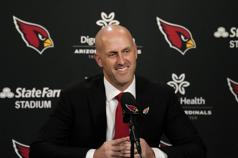 Monti Ossenfort smiles as he is introduced as the new general manager of the Arizona Cardinals NFL football team during a news conference in Tempe, Ariz., Tuesday, Jan. 17, 2023. (AP Photo/Ross D. Franklin)