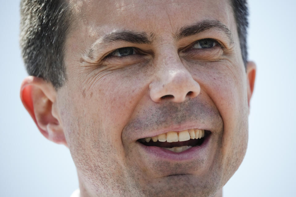 Transportation Secretary Pete Buttigieg speaks with members of the media at scene of a collapsed elevated section of Interstate 95, in Philadelphia, Tuesday, June 13, 2023. (AP Photo/Matt Slocum)