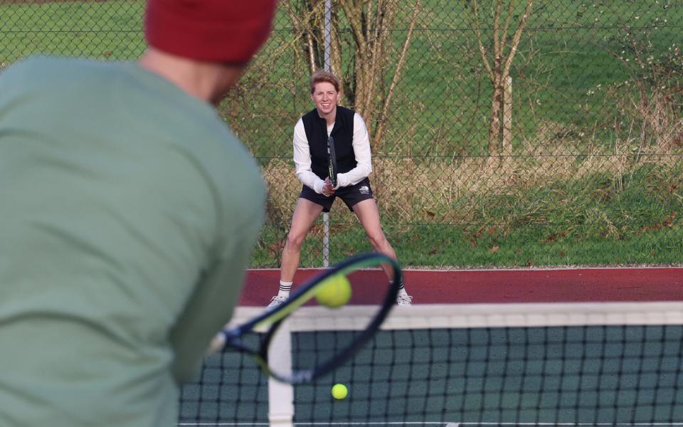 Boudicca Fox Leonard photographed with her husband Harry on the tennis court near her home in Devon