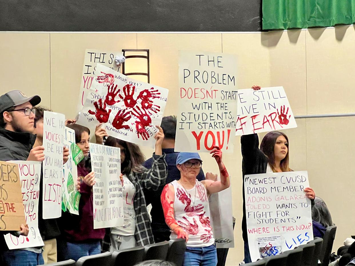 Coachella Valley High School students protest what they say are inadequate school safety measures at a Coachella Valley Unified School Board meeting on Feb. 23, 2023, in Coachella, Calif.