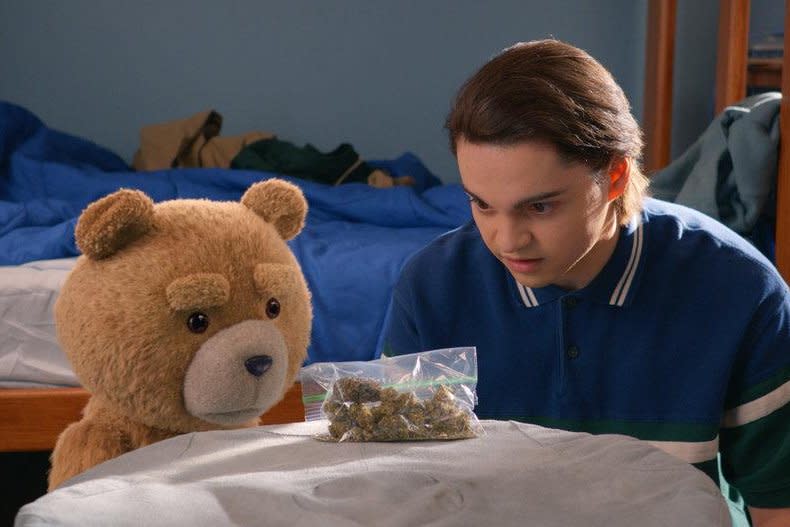 Ted and John (Max Burkholder) score some marijuana. Photo courtesy of Peacock