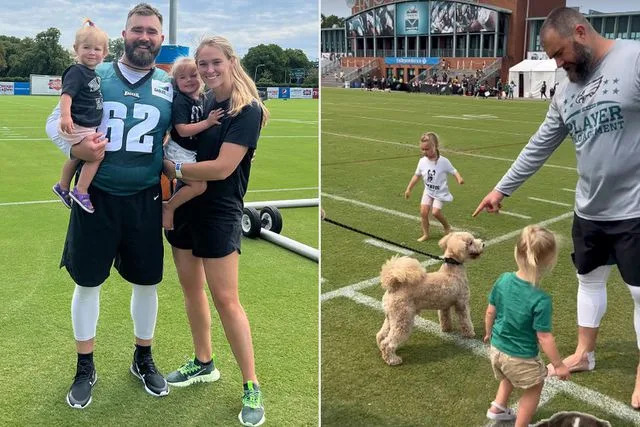 <p>Kylie Kelce/instagram</p> Jason Kelce playing with kids and dogs