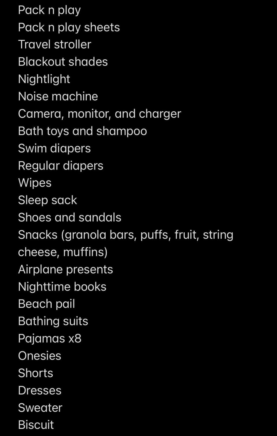 A screenshot of a packing list on in an iPhone note app.