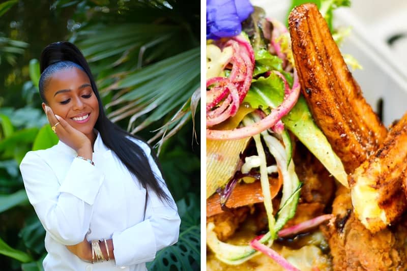 Diptych of Lauren Von der Pool on left and vegan plantain dish on right.