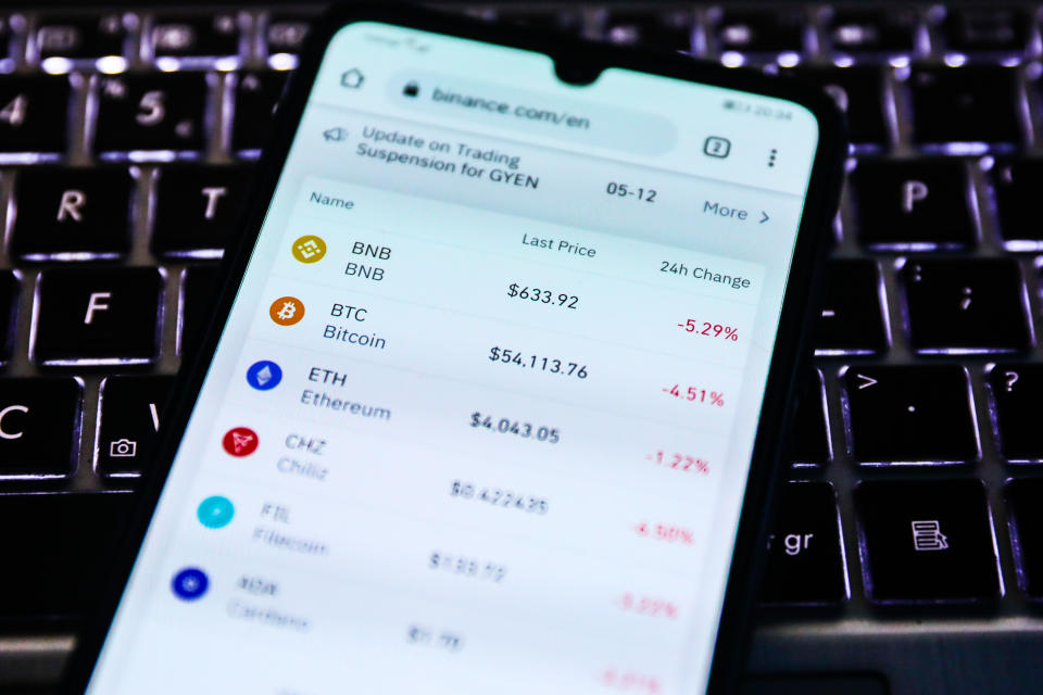 Cryptocurrency prices displayed on a mobile phone screen photographed for illustration photo.  Krakow, Poland on May 12, 2021. (Photo by Beata Zawrzel/NurPhoto via Getty Images)