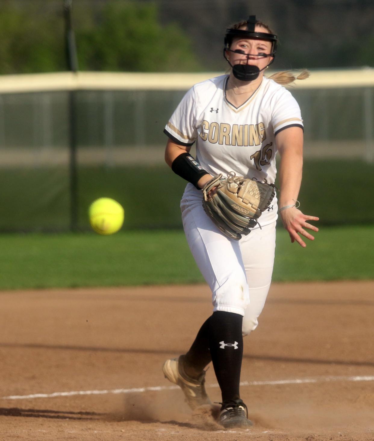 Peyton Sullivan pitches for Corning in a 9-5 loss to Vestal in softball April 21, 2023 at Corning-Painted Post High School.