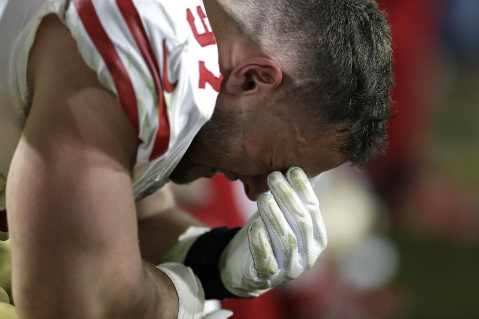 San Francisco 49ers defensive end Nick Bosa reacts on the sideline during the second half of the NFL Super Bowl 54 football game against the Kansas City Chiefs Sunday, Feb. 2, 2020, in Miami Gardens, Fla. (AP Photo/Chris O'Meara)