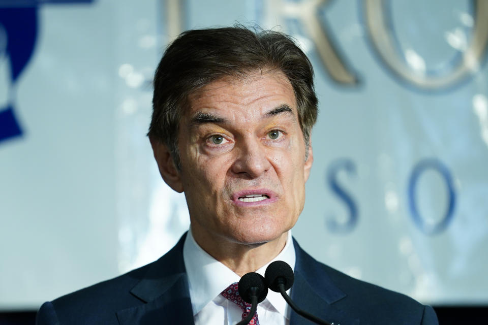 Mehmet Oz, a Republican candidate for U.S. Senate in Pennsylvania, speaks during a campaign event in Harrisburg, Pa., Wednesday, Oct. 26, 2022. (AP Photo/Matt Rourke)