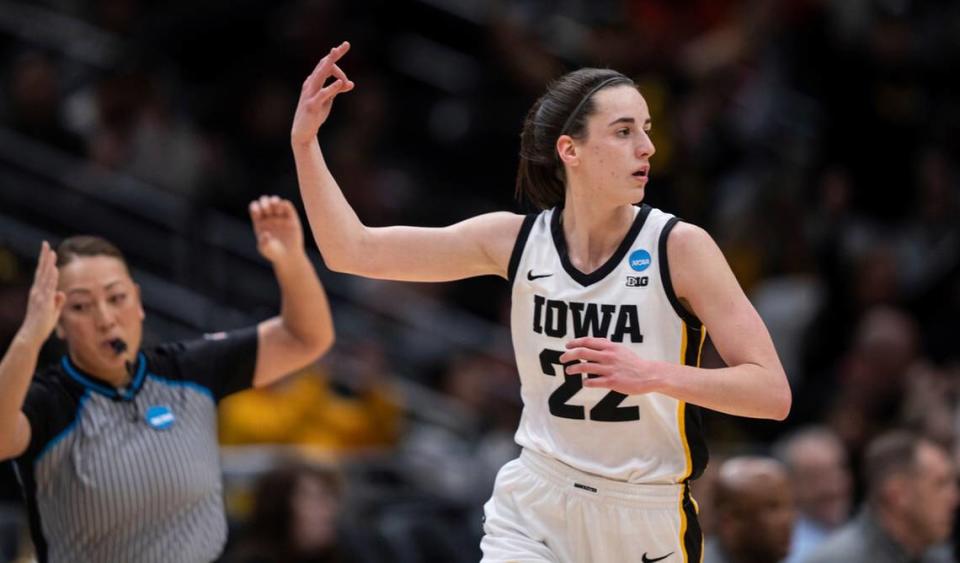 Iowa guard Caitlin Clark gestures after making a 3-point basket during the first half of a Sweet 16 college basketball game against Colorado in the women’s NCAA tournament Friday, March 24, 2023, in Seattle.