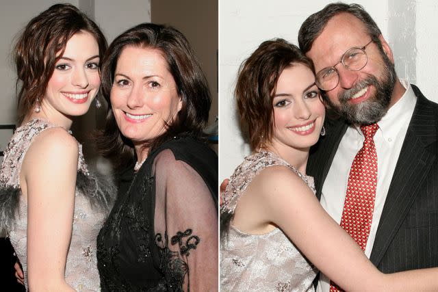 <p>Scott Wintrow/Getty</p> Anne Hathaway and her mother Kate McCauly at The Barrow Group's 11th Annual Celebrity Scribbles and Doodle's Auction on April 25, 2005 in New York City; Anne Hathaway and her father Gerald "Jerry" Hathaway at The Barrow Group's 11th Annual Celebrity Scribbles and Doodle's Auction on April 25, 2005 in New York City.