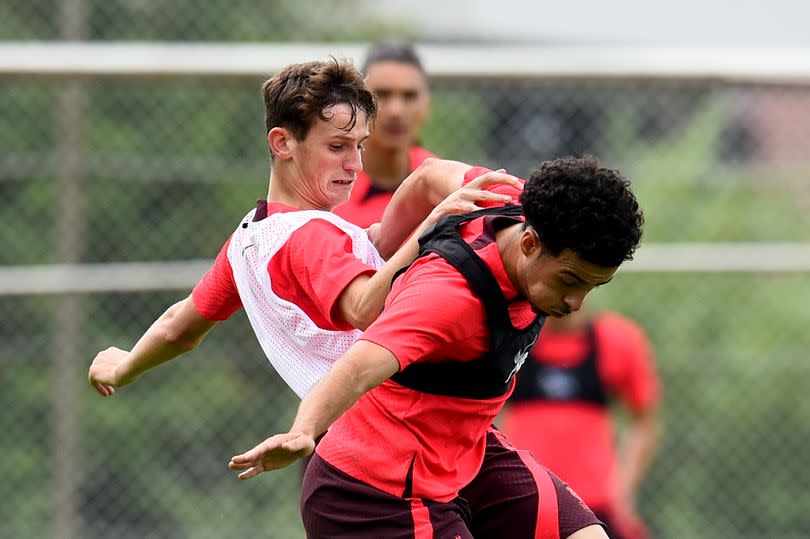 Tyler Morton and Fábio Carvalho during a Liverpool training session last summer.