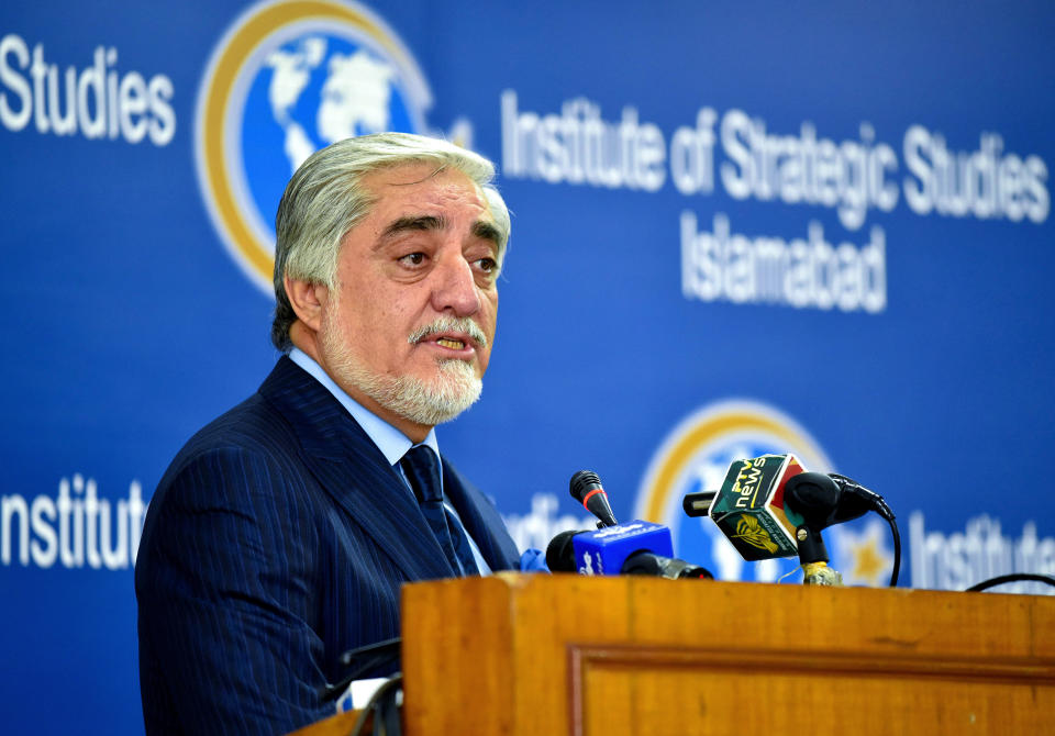 Abdullah Abdullah, chairman of Afghanistan's High Council for National Reconciliation, speaks at the Institute of Strategic Studies in Islamabad, Pakistan, Tuesday, Sept. 29, 2020. Abdullah said that the time has come for the two neighboring countries to shun the suspicion, "stale rhetoric" and tired conspiracy theories that have dogged past relations. (AP Photo/A.H. Chaudary)