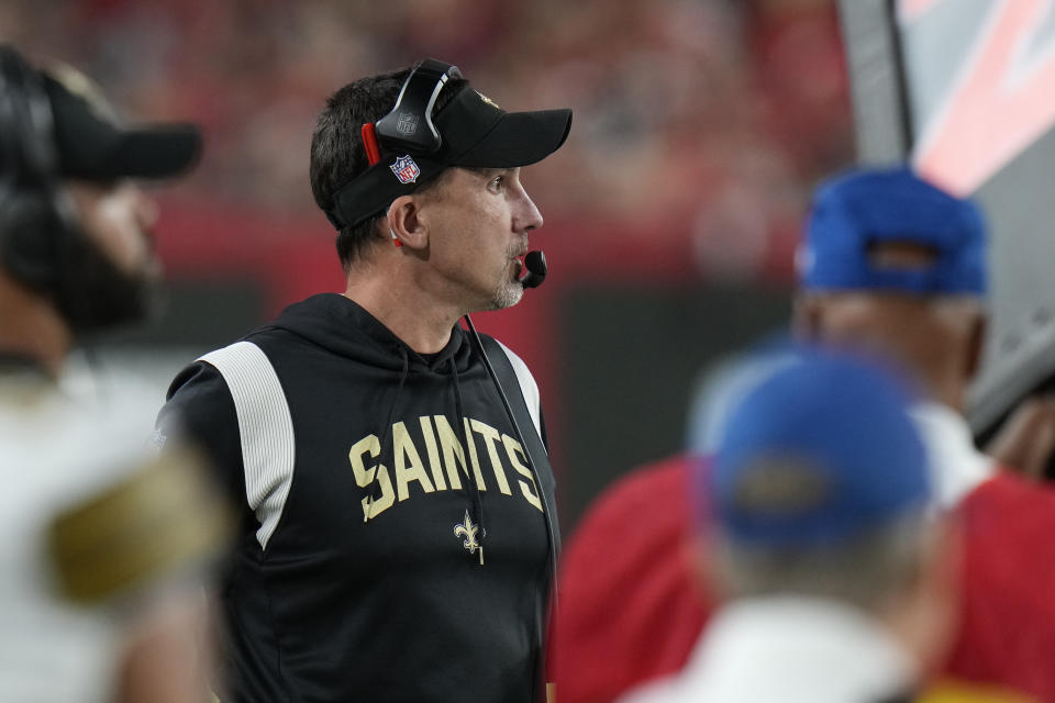 New Orleans Saints head coach Dennis Allen watches from the sideline in the first half of an NFL football game against the Tampa Bay Buccaneers in Tampa, Fla., Monday, Dec. 5, 2022. (AP Photo/Chris O'Meara)