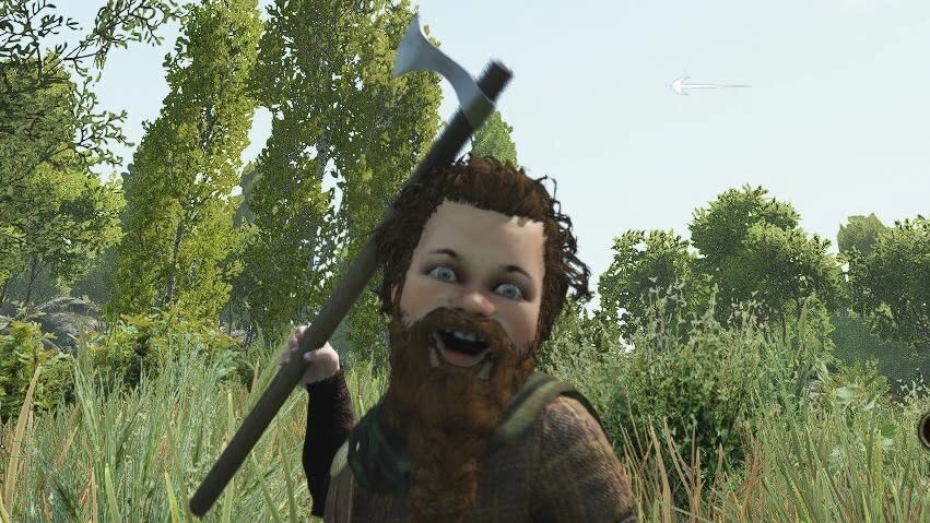  A bearded baby gleefully wields an axe in Mount and Blade 2: Bannerlord. 