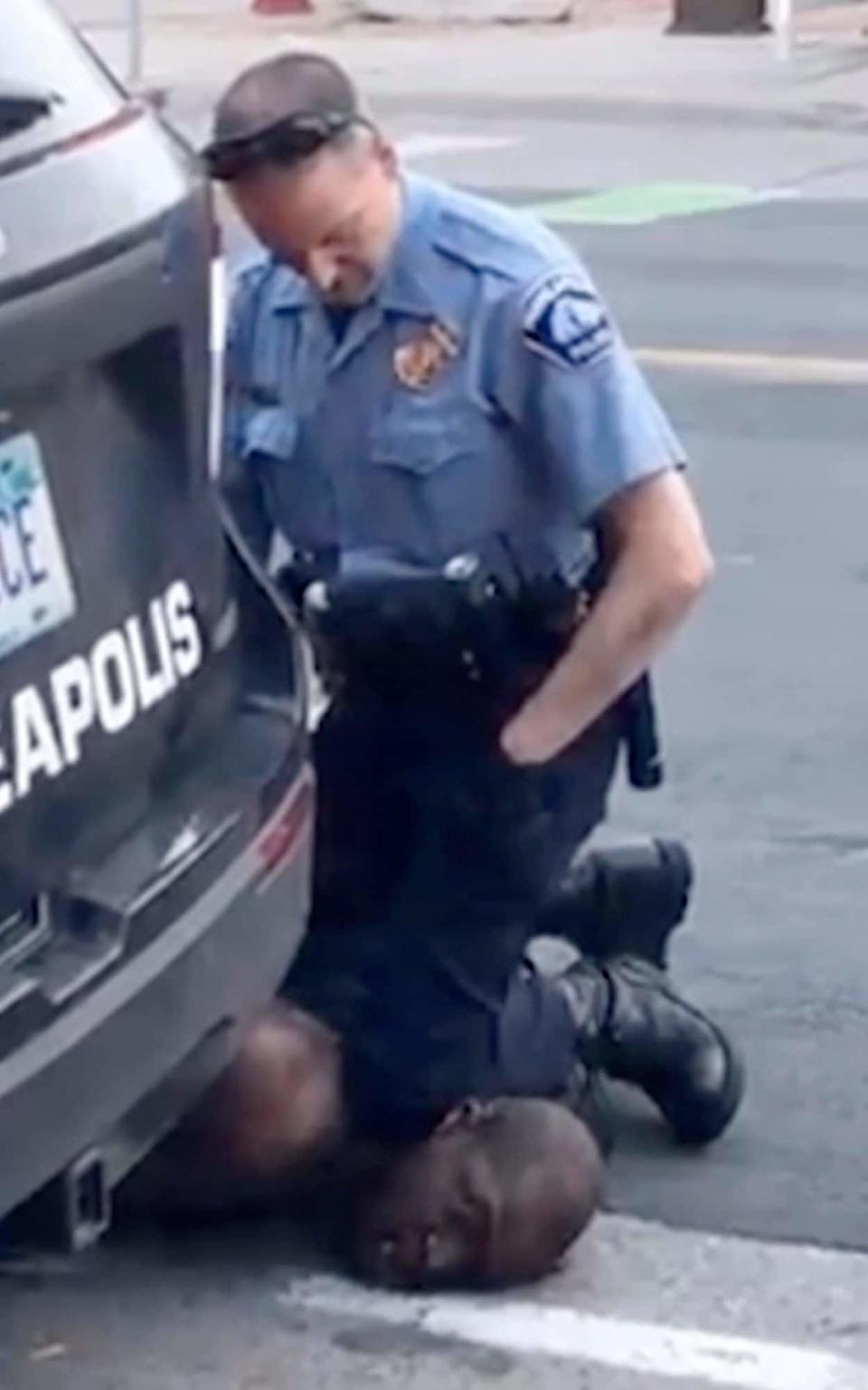 In this frame from video provided by Darnella Frazier, Minneapolis officer Derek Chauvin kneels on the neck of George Floyd, despite him pleading that he could not breathe - Darnella Frazier