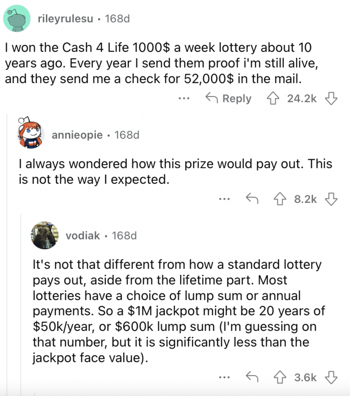 Screenshot from Reddit about lifetime supply winners