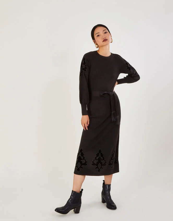 Velvet applique cut-out midi dress black (Monsoon)