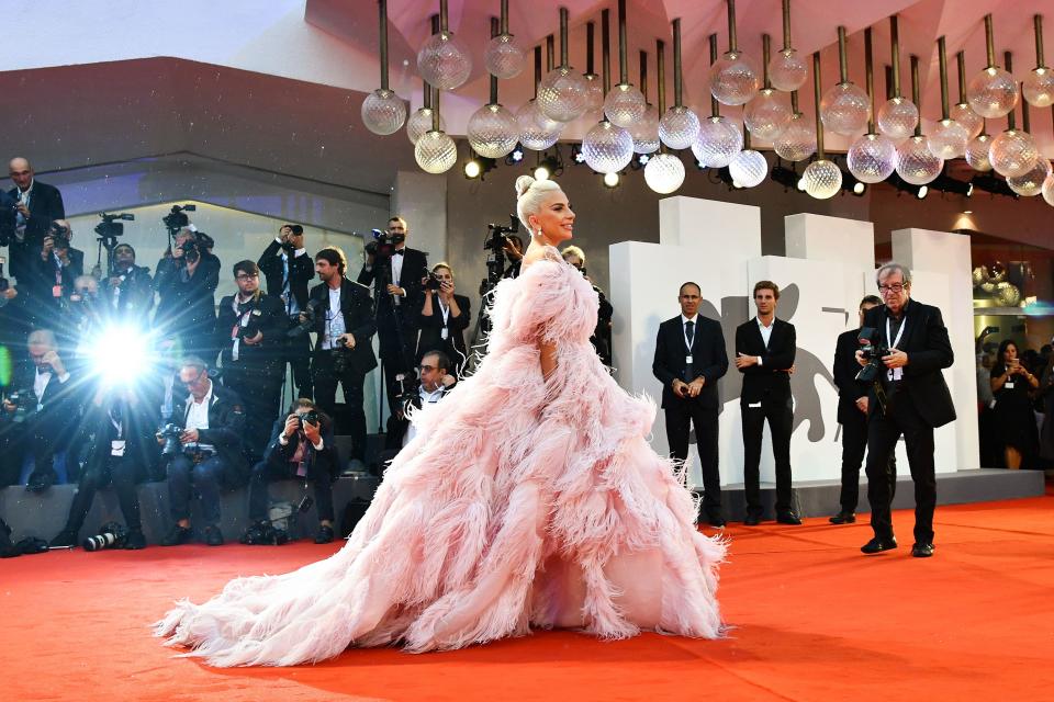 Lady Gaga wore a stunning Valentina couture gown to the premiere of her new film, 'A Star Is Born.'