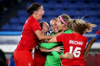 <p>Players of Team Canada's Women's Soccer Team celebrate following their victory in the penalty shoot-out in the Women's Gold Medal Match between Canada and Sweden. </p>