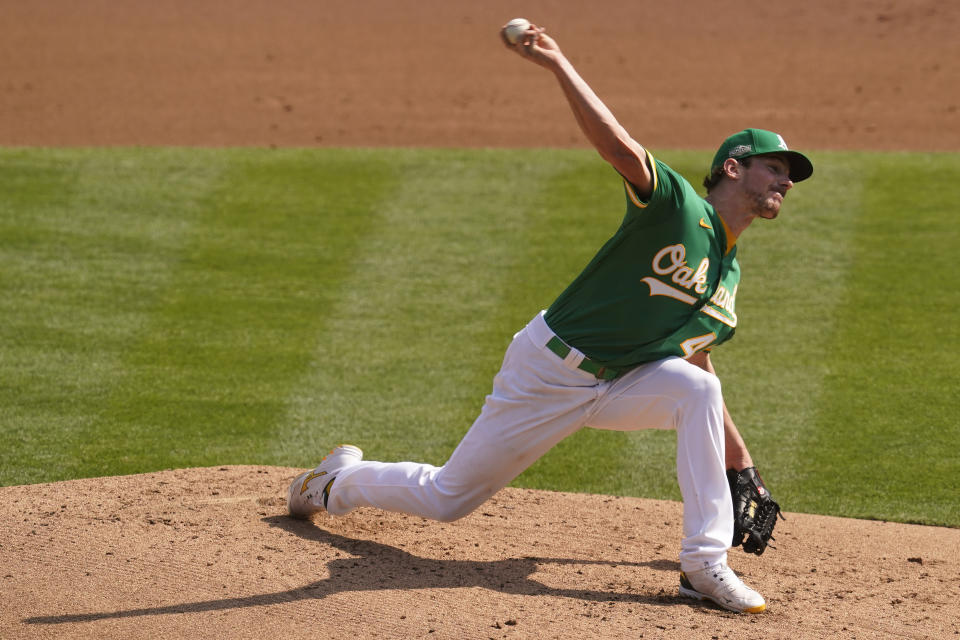 Oakland Athletics' Chris Bassitt pitches against the Chicago White Sox during the second inning of Game 2 of an American League wild-card baseball series Wednesday, Sept. 30, 2020, in Oakland, Calif. (AP Photo/Eric Risberg)