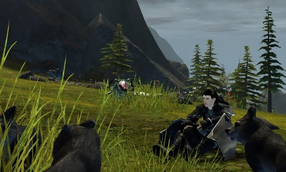 Player character surrounded by fluffy wolf pups. Awww.