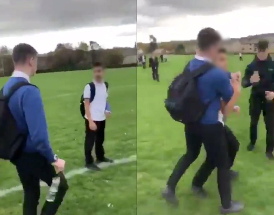 A Syrian boy named Jamal was strangled and doused with water by a classmate at the Almondbury Community School in the U.K. (Screenshots: Twitter/<em>Muslim Daily</em>)