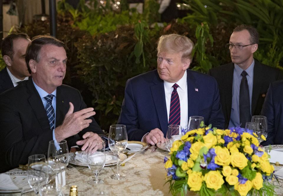 Brazilian President Jair Bolsonaro has dinner with President Donald Trump at Mar-a-Lago in Palm Beach, Saturday night, March 7, 2020.