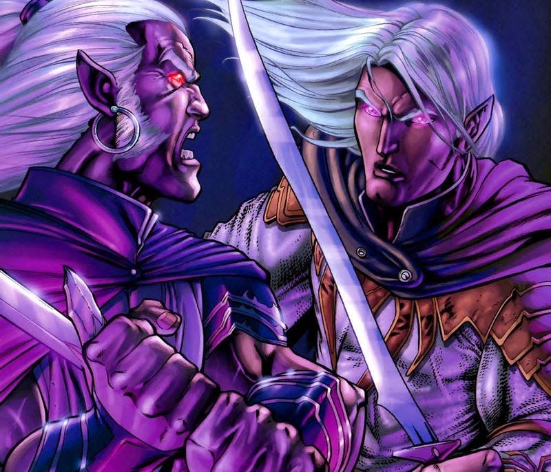 Drizzt battles Zaknafein on the cover of The Legend of Drizzt: Homeland #2 comic by Tim Seeley.