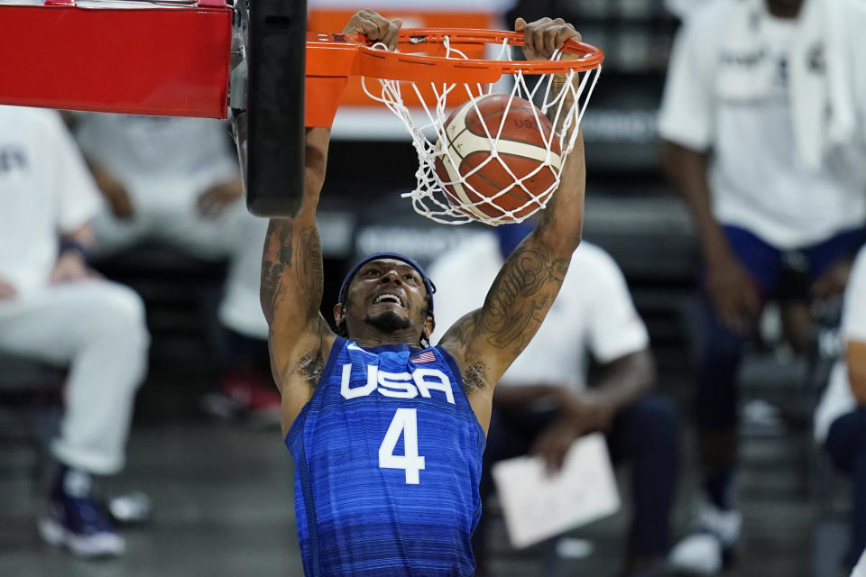 United States' Bradley Beal dunks against Australia during an exhibition basketball game Monday, July 12, 2021, in Las Vegas. (AP Photo/John Locher)