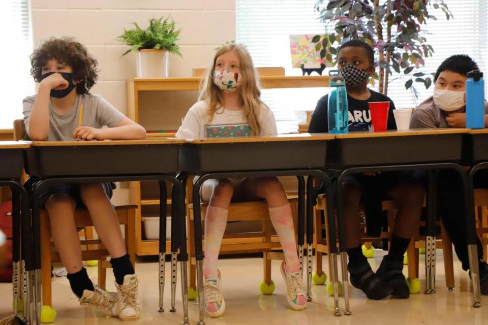 Fifth grade students in class during Camp CMS at Highland Mill Montessori on Wednesday, June 23, 2021 in Charlotte.