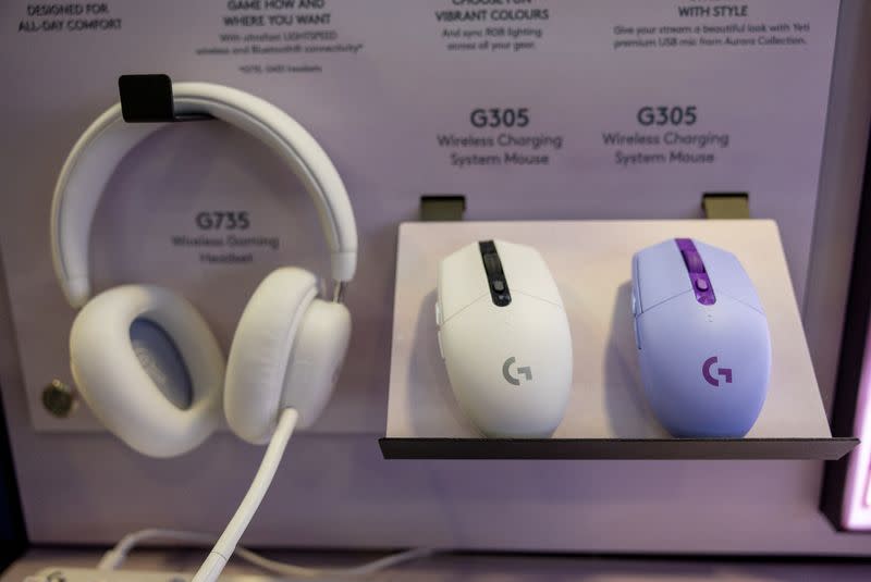 A Logitech headphone and mouses are displayed in a building at the EPFL Innovation Park in Ecublens