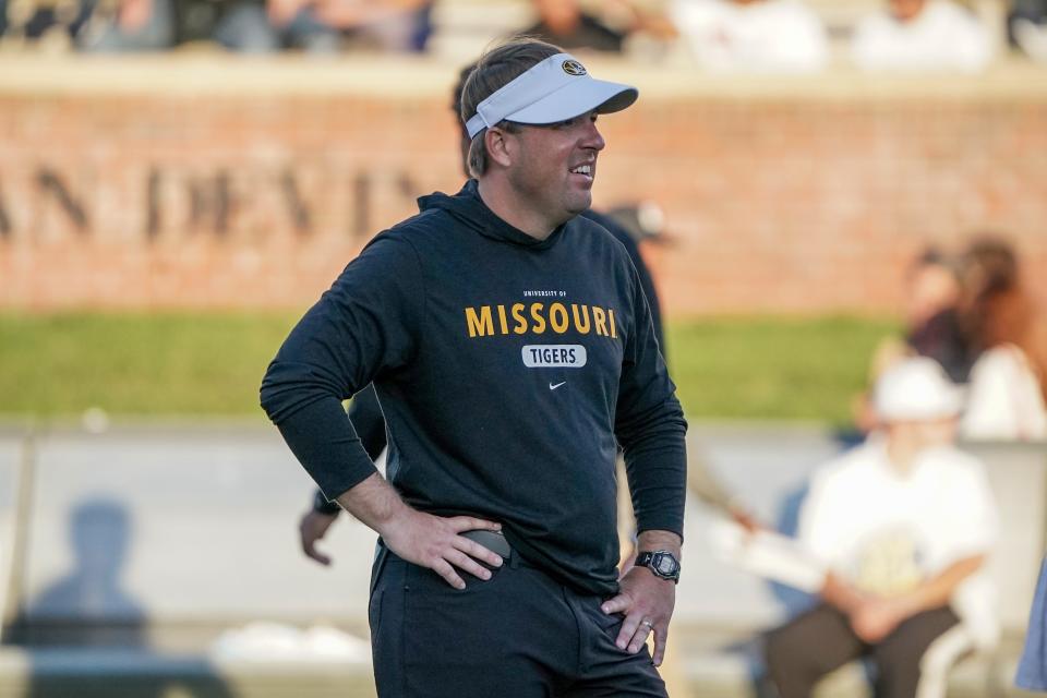 Missouri coach Eli Drinkwitz watches warm ups before his team's 2022 game against Georgia at Faurot Field at Memorial Stadium.