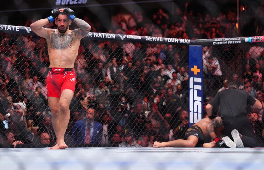 ANAHEIM, CALIFORNIA - FEBRUARY 17: Ilia Topuria of Germany celebrates after his knockout victory.