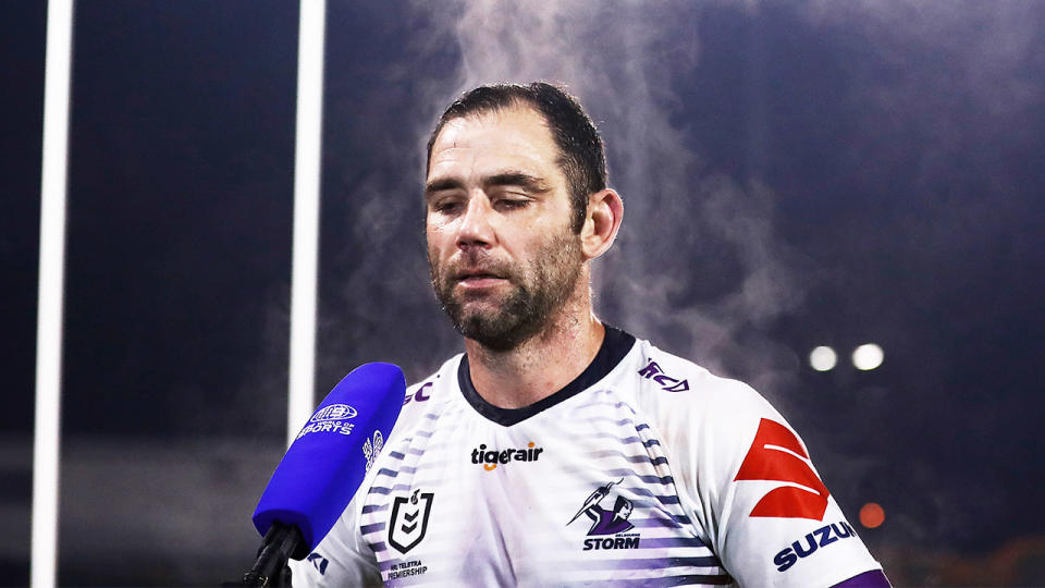 Cameron Smith (pictured) answering media questions after the Storm game.