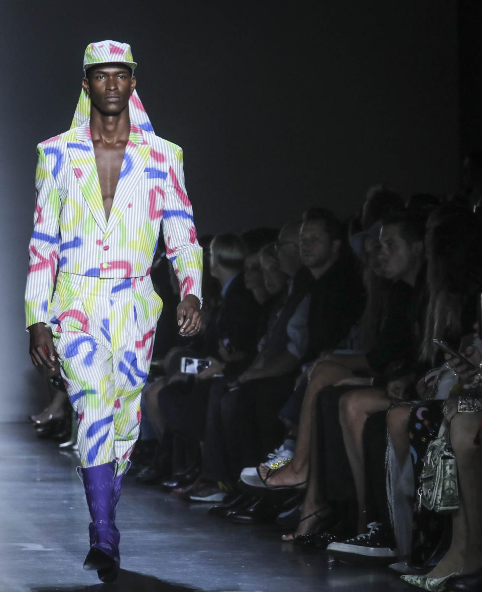 The latest fashion creation from Jeremy Scott is modeled during New York's Fashion Week, Friday, Sept. 6, 2019. (AP Photo/Bebeto Matthews)