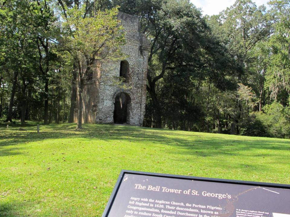 The ruins of a church bell tower dating to 1751 stands at the Colonial Dorchester State Historic Site in Summerville, S.C., Friday, Oct. 5, 2012. A new tourism campaign by the state South Carolina Department of Parks, Recreation and Tourism is aimed at drawing visitors to such sites that tourism officials call undiscovered South Carolina. (AP Photo/Bruce Smith)