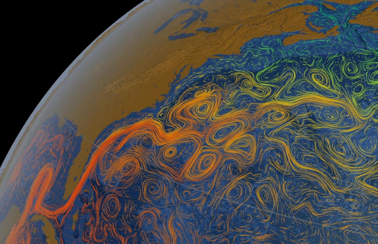 <span class="caption">A computer animation reflects the temperature change as eddies spin off from the Loop Current and Gulf Stream along the U.S. Coast.</span>