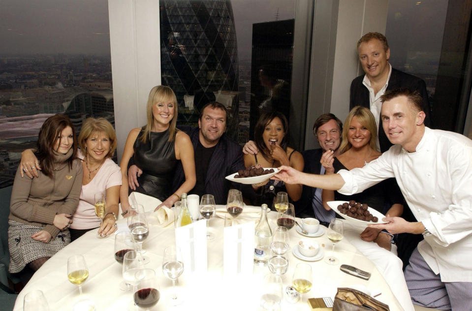 Chef Gary Rhodes (far right) hosts a lunch for the I'm a Celebrity...Get Me Out of Here contestants (L-R) Jenny Bond and her daughter Emma, Neil 'Razor' Ruddock and his wife Sarah, Diane Modahl, Lord Brockett, Alex Best and Vicente (standing, partner of Diane), at his restaurant Rhodes Twenty Four, at Tower 42 in the City of London. 