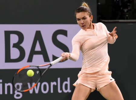 Mar 16, 2018; Indian Wells, CA, USA; Simona Halep (ROU) during her semifinal against Naomi Osaka (not pictured) in the BNP Paribas Open at the Indian Wells Tennis Garden. Mandatory Credit: Jayne Kamin-Oncea-USA TODAY Sports