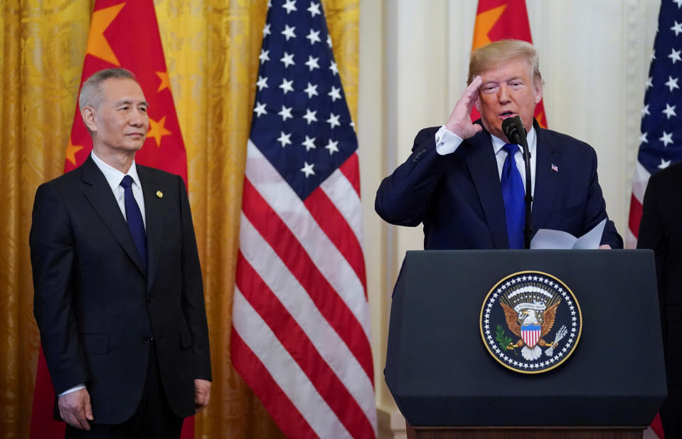 Chinese Vice Premier Liu He listens as U.S. President Donald Trump speaks during a signing ceremony for "phase one" of the U.S.-China trade agreement in the East Room of the White House in Washington, U.S., January 15, 2020. REUTERS/Kevin Lamarque