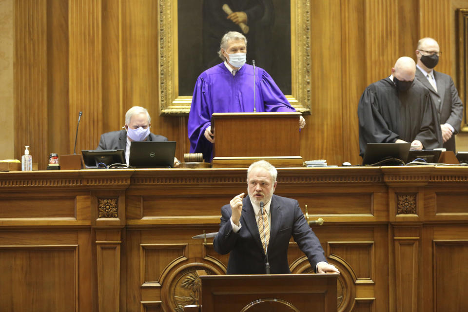 South Carolina Sen. Danny Verdin, R-Laurens, speaks on the Senate floor on Thursday, Jan. 21, 2021 in Columbia, S.C. Verdin is chairman of the Senate Medical Affairs Committee which approved a stricter ban on abortions. (AP Photo/Jeffrey Collins)