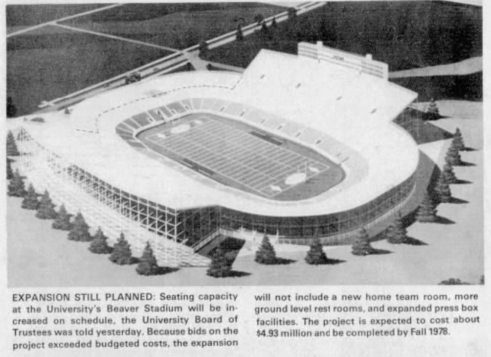 A rendering of a stadium expansion that appeared in the June 18, 1977 Centre Daily Times. An accompanying article stated the board of trustees eliminated some pieces of the original plan to keep the project on budget.